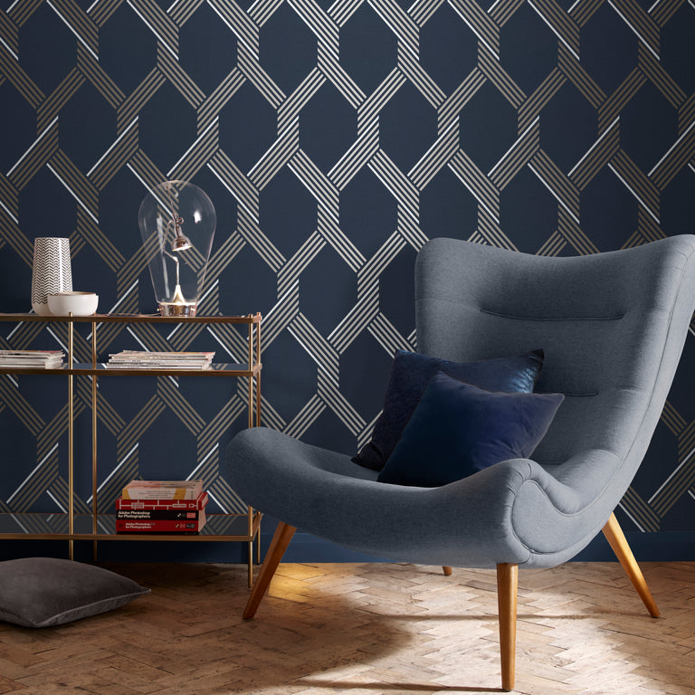 Graham & Brown Vector Navy Gold Wallpaper