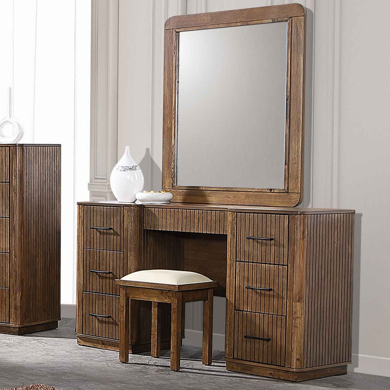 Vienna Dressing Table Cream with Mirror & Stool – Wooden Dressing Table with 7 Drawers, Storage Furniture