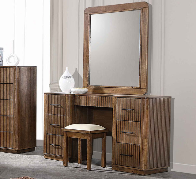 Vienna Dressing Table Cream with Mirror & Stool – Wooden Dressing Table with 7 Drawers, Storage Furniture