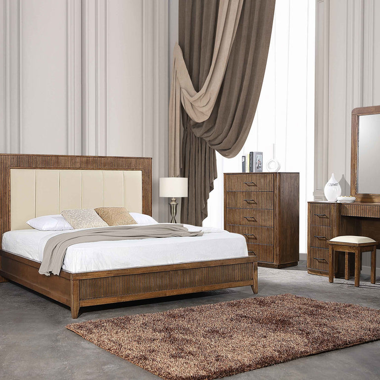 Vienna King Size Bed Frame Cream with Fabric Upholstered Headboard | Walnut Finish Bedroom Furniture