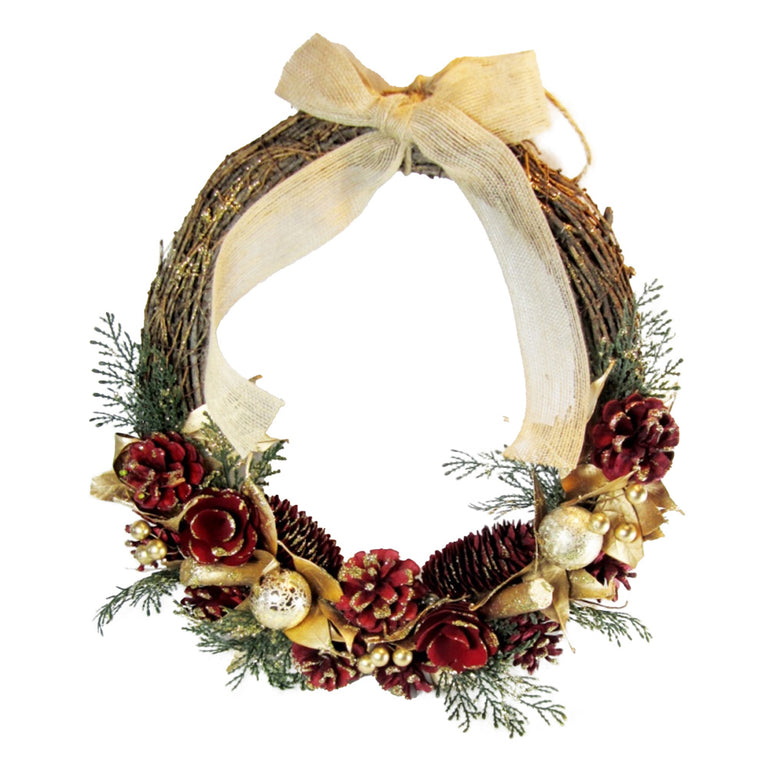 Wall Hanging Christmas Decoration Wreath with Red Cones & Gold Baubles – 39cm
