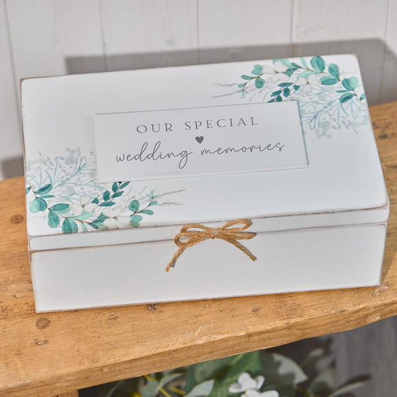 White wood wedding memories box with floral foliage