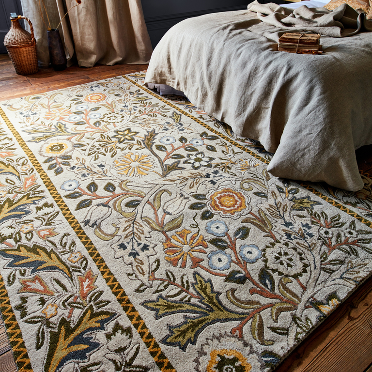 Morris & Co Wilhelmina Floral Rug Linen Mustard
