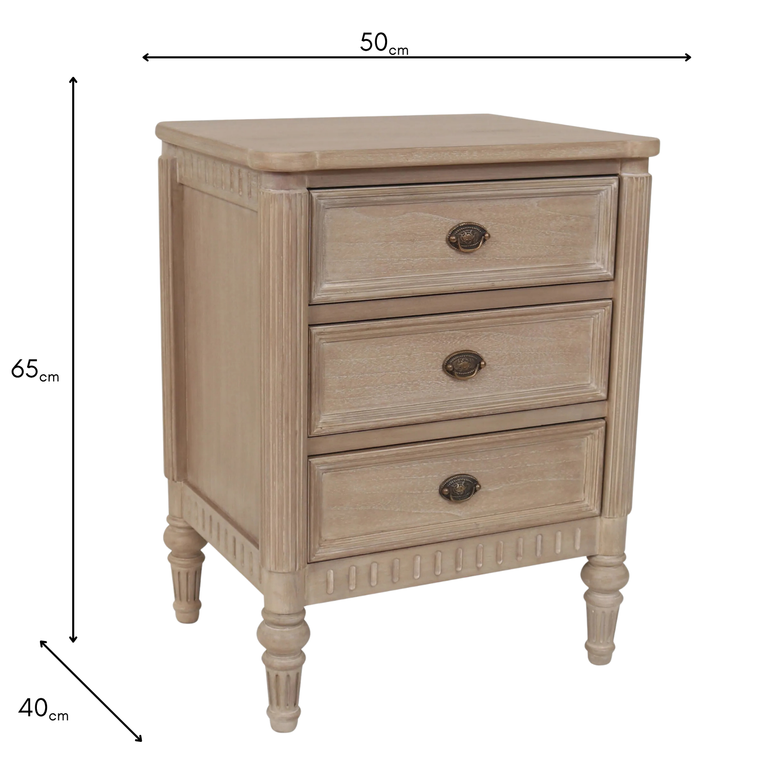 Willow 3 Drawer Bedside Table Timber Wash - Wooden Nightstand