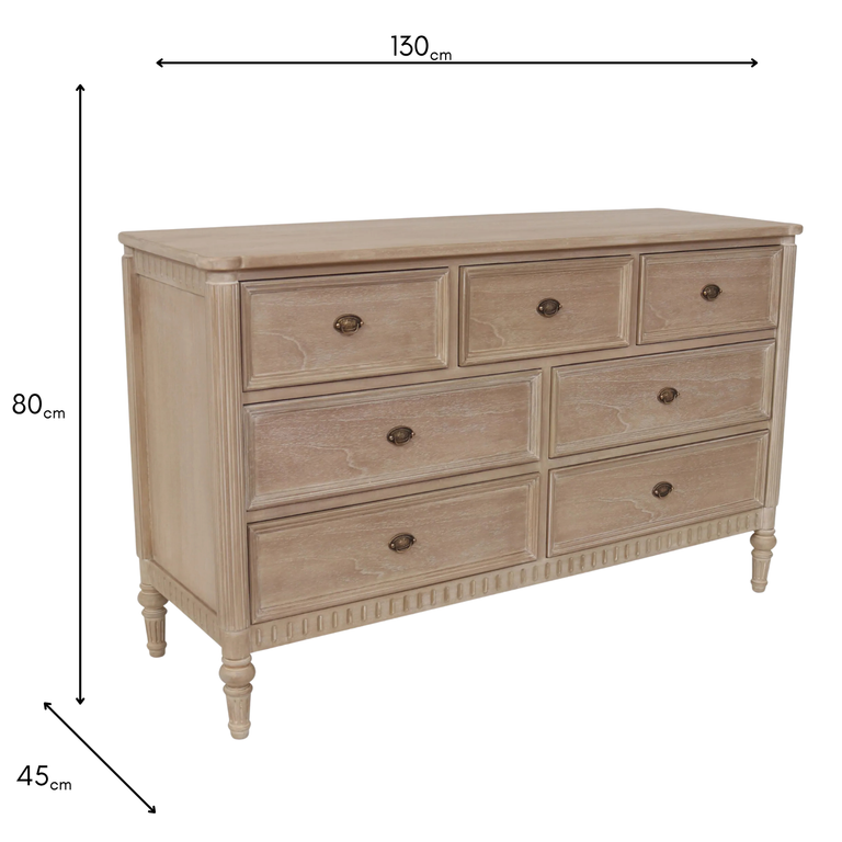 Willow Chest of 7 Drawers Timber Wash - Large 7 Drawer Wooden Dresser