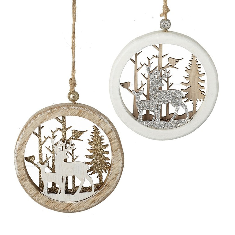 Wood & Glitter Round Deer Hanging Decs