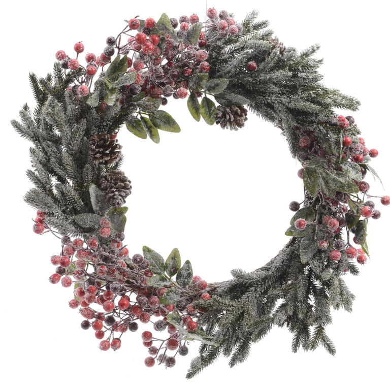 Christmas Wreath Frosted Red Berries & Pinecones – Holiday Decoration