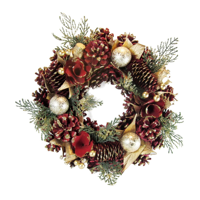Wreath Red Cones and Gold Baubles 36cm