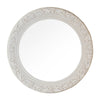Modern round mirror design with a cream finish, perfect for any space.

