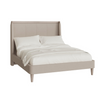 Cream-colored ash veneer king size bed with fabric headboard.