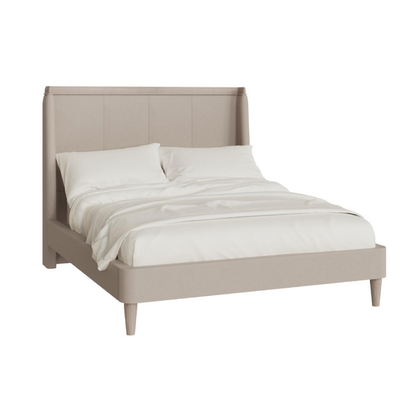 Cream-colored ash veneer super king bed with fabric headboard.