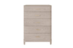 Elegant cream chest of drawers with gold handles.