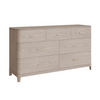 Cream ash veneer wide chest of drawers with gold handles.