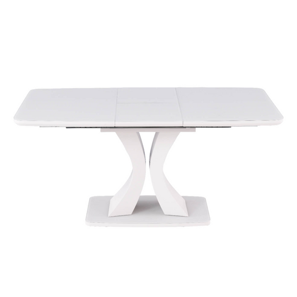 Extendable dining table in stylish greige finish.
