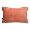 Luxurious salmon rose velvet scatter box cushion with co-ordinating piping.