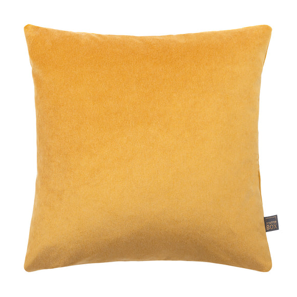 Elegant 58x58cm yellow velvet cushion with knife edge finish.