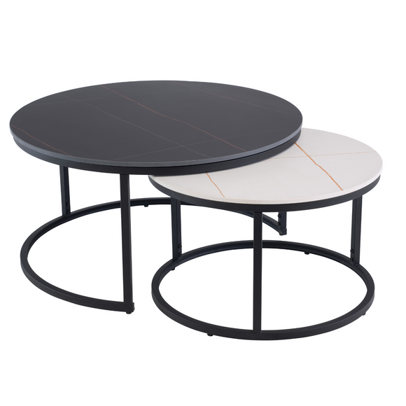Stylish nest of tables featuring a black and white stone-inspired design.
