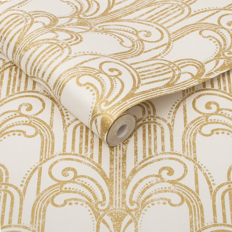 Graham & Brown Art Deco Gold & Pearl Wallpaper