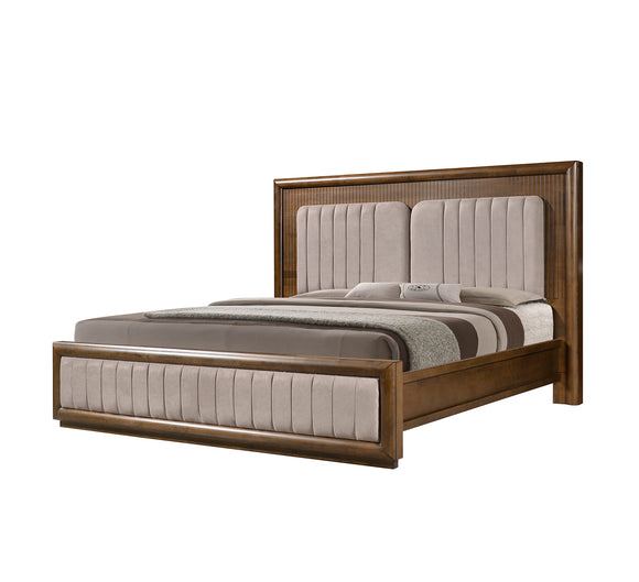  Luxurious King Size Bed Frame with Dark Wood and Beige Fabric Headboard by Bedelia.