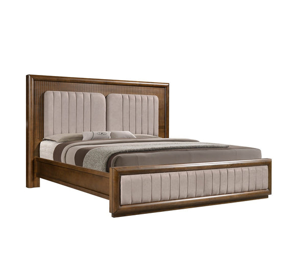 Luxurious Super King Bed Frame with Dark Wood and Beige Fabric Headboard by Bedelia.