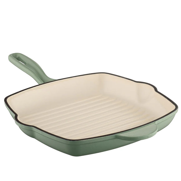 Cast iron grill pan for versatile cooking.
