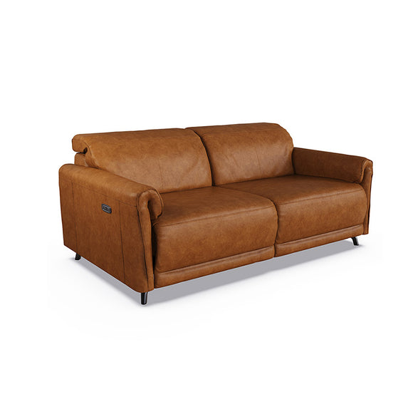 Sleek Tan 3 Seater Recliner Sofa with Black Chrome Leg.