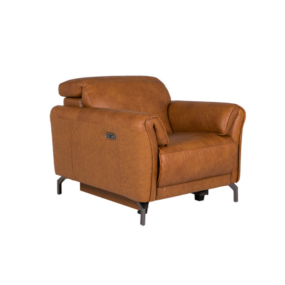Modern Tan Recliner Armchair with Black Chrome Leg.