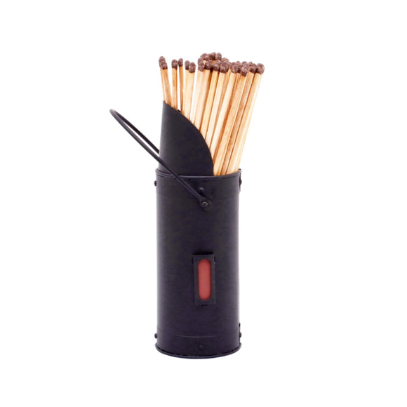 Black match holder with matches for stylish fireplace storage