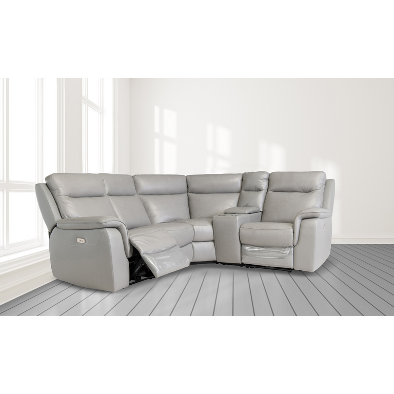 Delilah Leather Corner Sofa Recliner with Console Grey