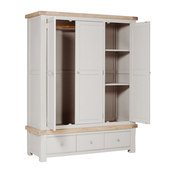 Stylish Taupe Doune 3-Door Wardrobe with Oak Veneer Top.
