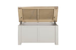 Taupe hardwood blanket box for bedroom storage
