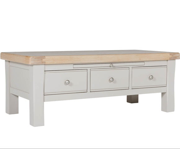 Elegant coffee table with drawers and taupe finish