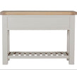 Oak console table with storage and slatted shelves.
