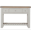 Modern table console with drawers in taupe finish.
