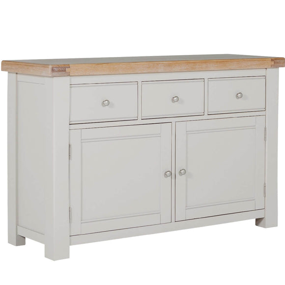 Modern sideboard with taupe finish and oak veneer.