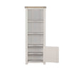 Corner shelving unit with hidden storage cabinet door.