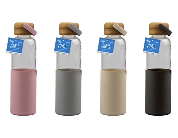 Stylish glass water bottle with removable rubber sleeve