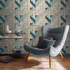 Bold wallpaper art with silver and gold geometric designs.
