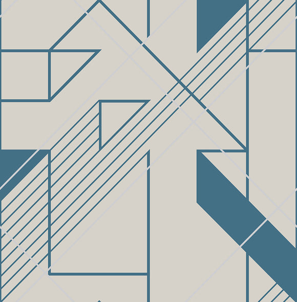 Luxurious geometric wallpaper featuring cobalt blue and gold.
