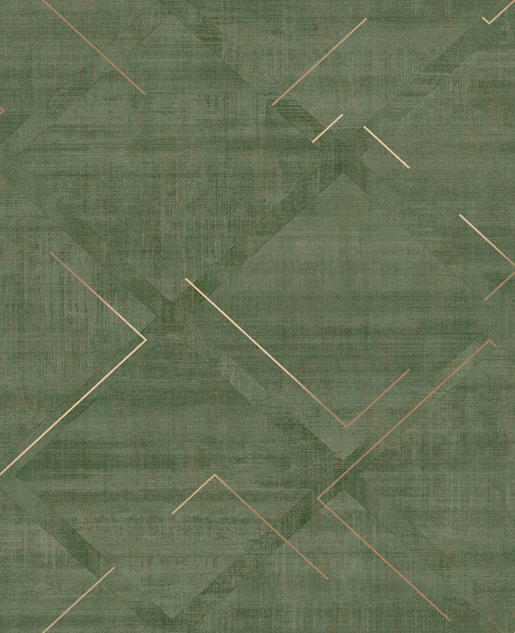 Stylish geometric wallpaper featuring the Graham & Brown Lorenzo Geo Emerald design.