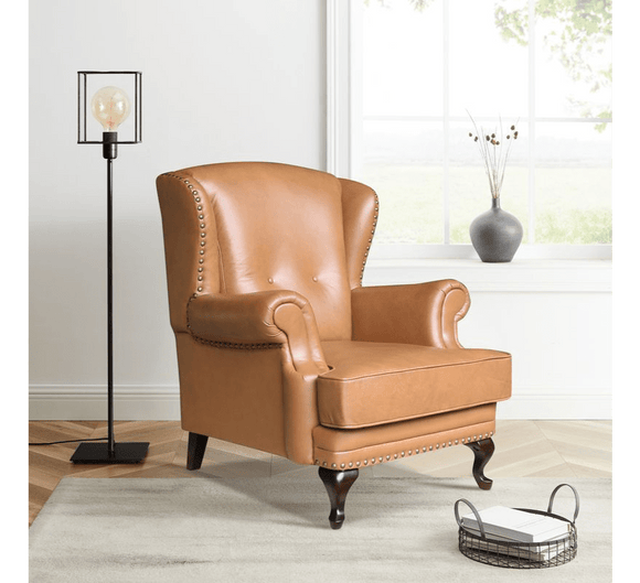 Luxurious leather accent chair perfect for living room decor.
