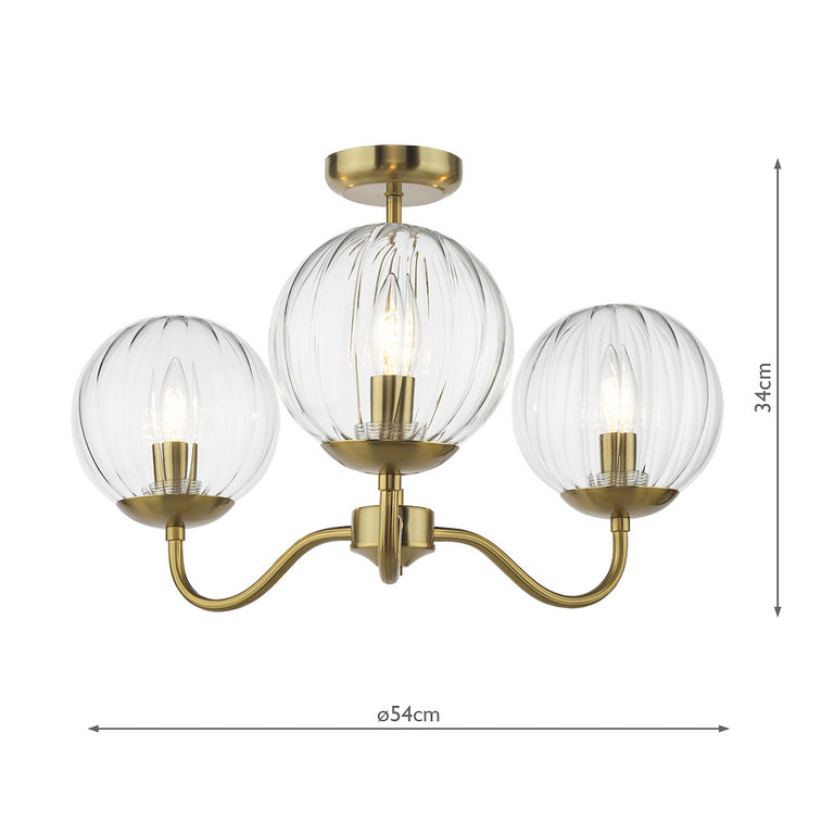 Jocelyn 3 Light Semi Flush Light Natural Brass with Clear Glass Globes – Stylish Ceiling Semi-Flush Lighting Fixture