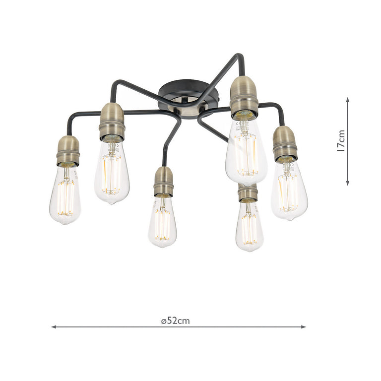 Kiefer 6 Light Flush Black & Antique Brass - Industrial Black Ceiling Light