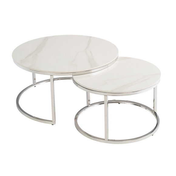Elegant nest of tables with a sleek white sintered stone top
