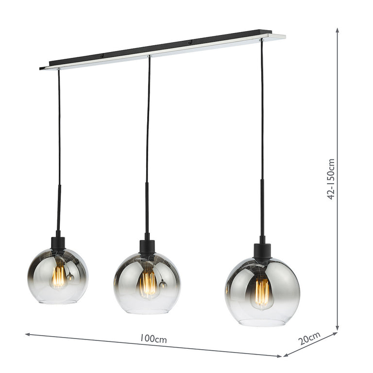 Lycia 3 Light Bar Pendant Matt Black and Smoked Ombre Glass Shades – Hanging Ceiling Light Home Decor