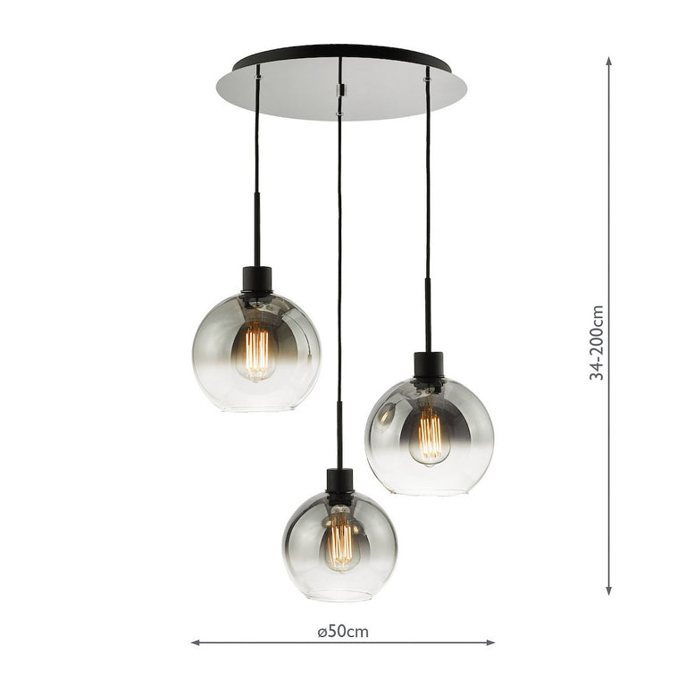 Lycia 3 Light Cluster Pendant Matt Black and Smoked Ombre Glass