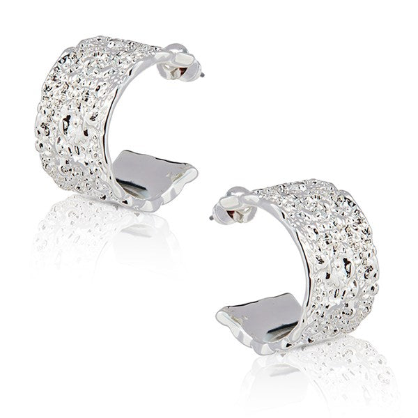 Molten Metal Textured Silver Plated Hoop Earrings