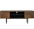 Sleek TV unit with geometric patterns and shelving.
