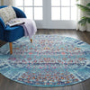 Round Vintage Kashan Rug 02 Blue featuring distressed damask pattern.
