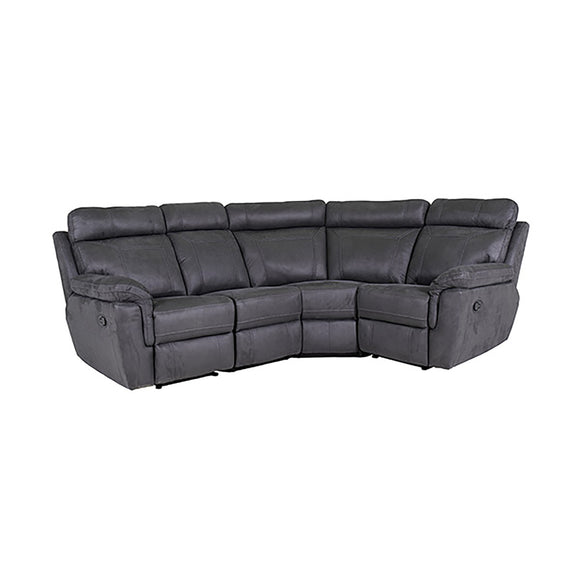 Blue corner sofa with manual reclining feature.